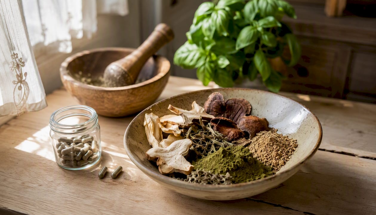 Ingrédients naturels pour compléments alimentaires présentés dans un bol en bois