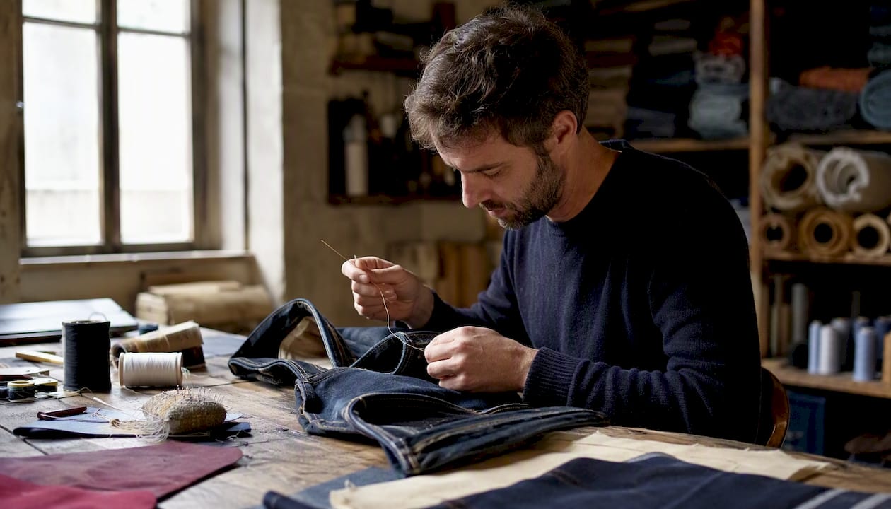 Un artisan confectionne des jeans à la main dans son atelier en France.