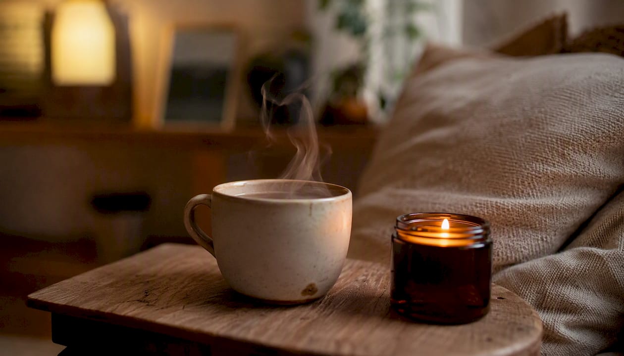 Une tasse de tisane fumante posée sur la table de nuit, à la tombée du soir.