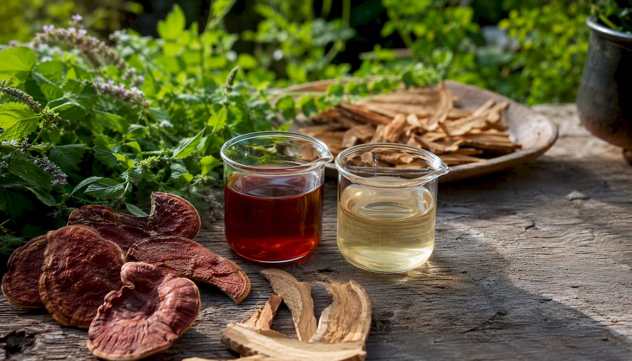 Extraits de champignons obtenus par macération dans l’eau et l’alcool, avec morceaux de reishi