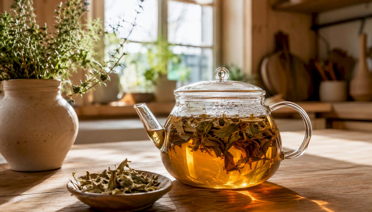 Théière en verre remplie d’une infusion de feuilles d’artichaut