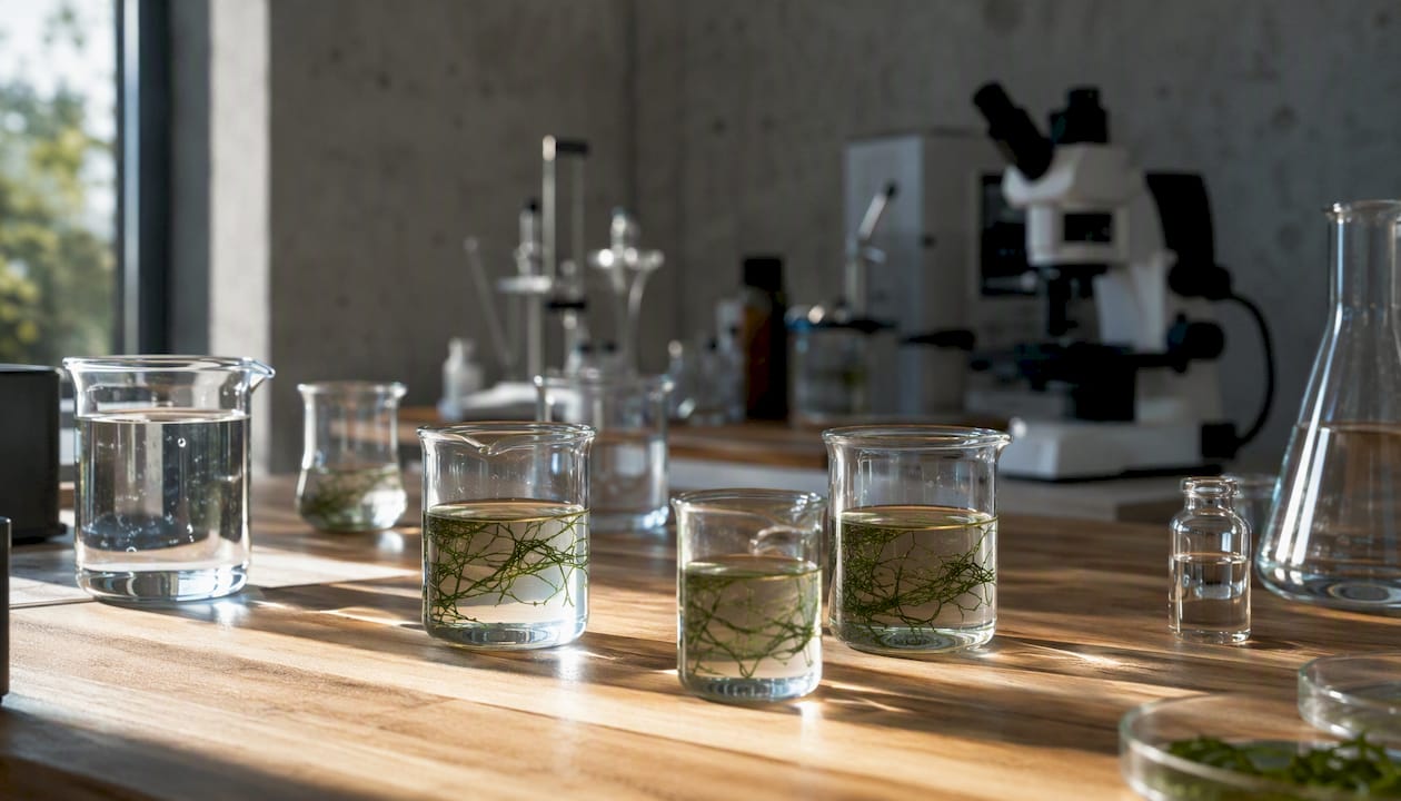 Des tubes remplis d’eau contenant de la spiruline sont en cours d’analyse au laboratoire.
