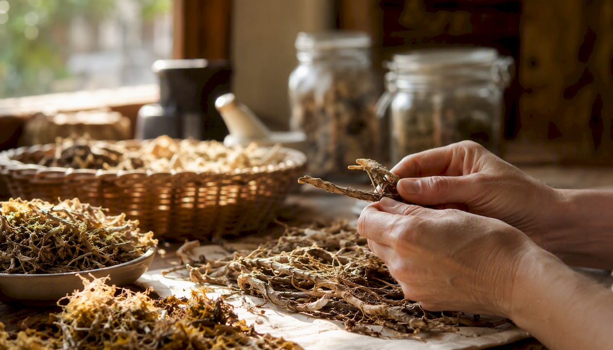 Des mains examinent avec soin des herbes fraîches disposées sur une table en bois.