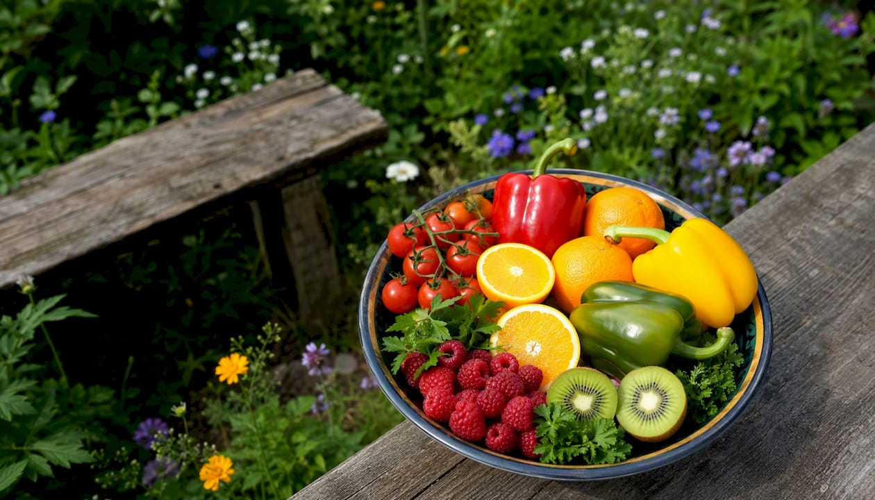 Un bol haut en couleurs, rempli de fruits et légumes gorgés de vitamine C