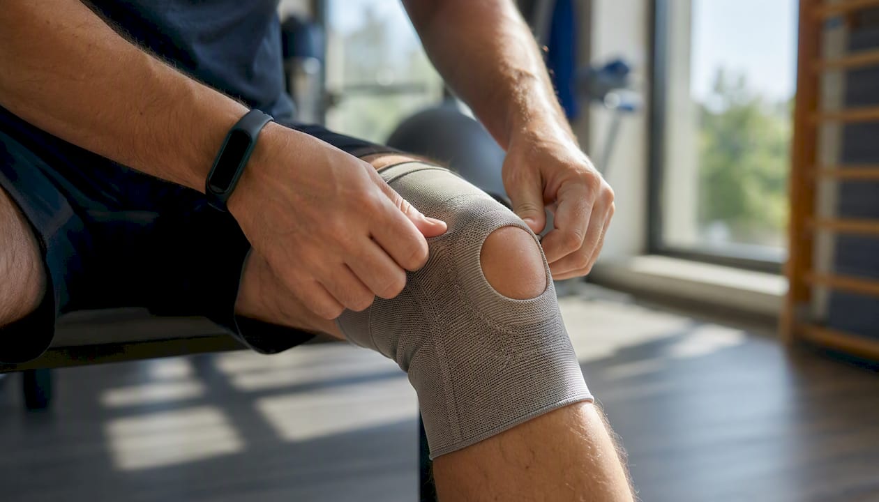 Des mains ajustent une genouillère avant une séance de sport.