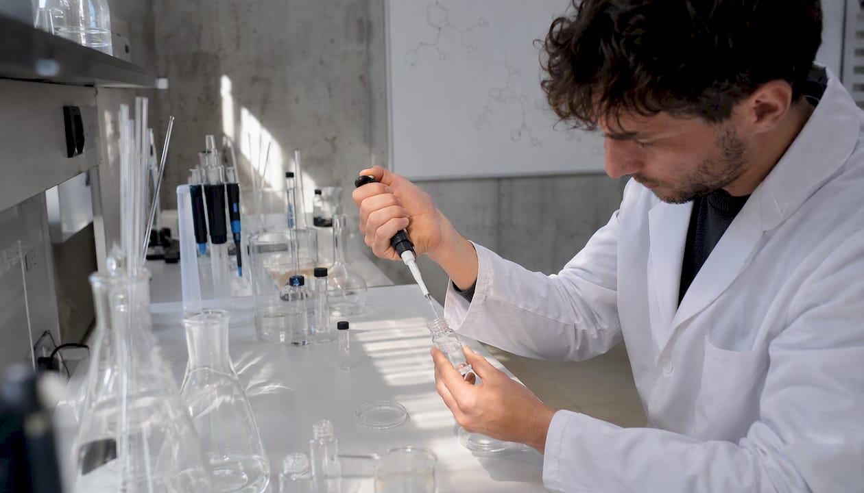 Un chercheur manipule une pipette dans un laboratoire de biochimie.