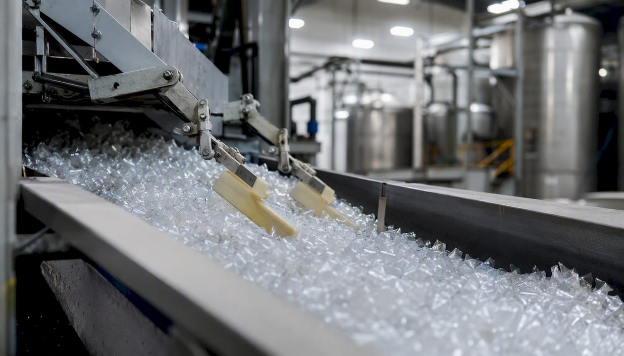 Des fragments de plastique sont triés et transformés dans une usine de recyclage.