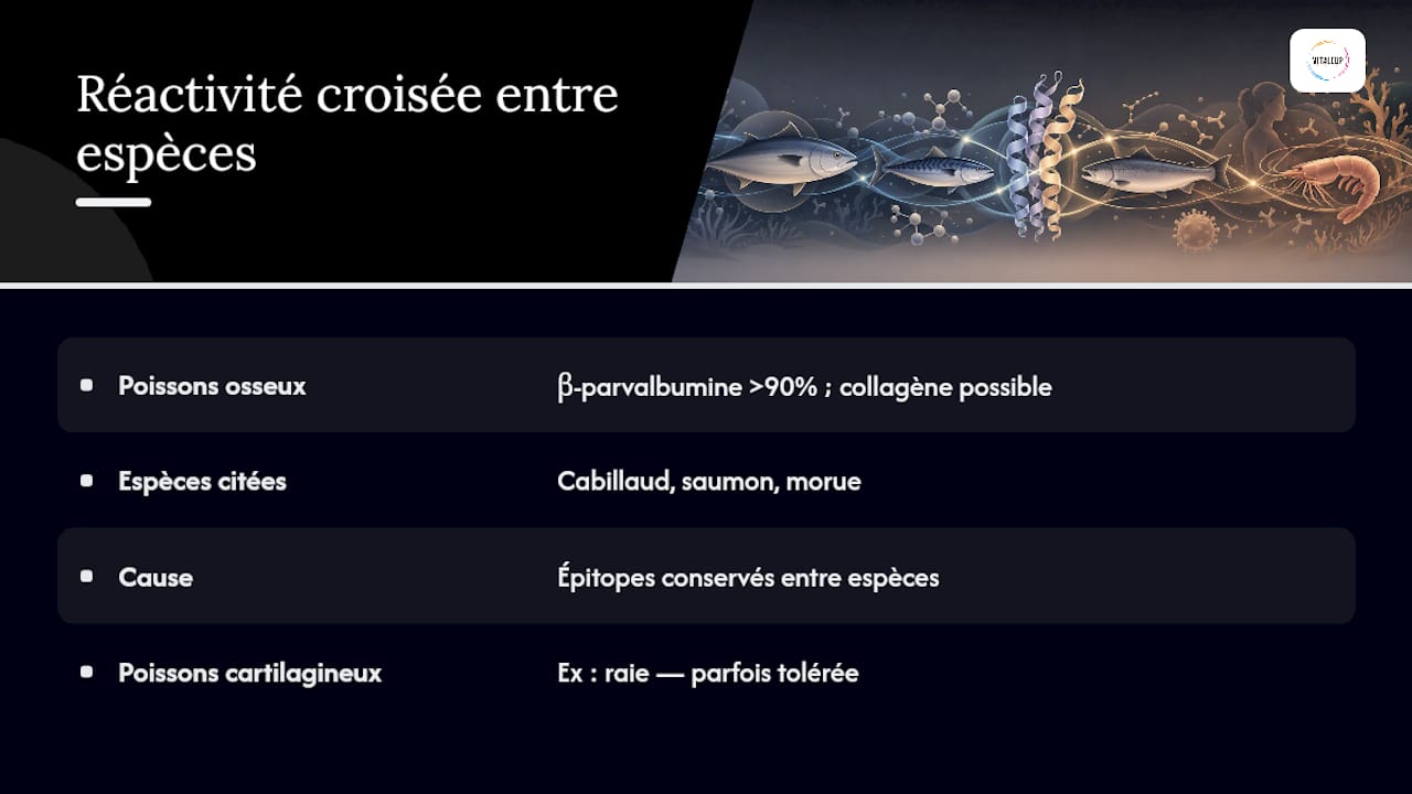 Schéma illustrant les réactions allergiques croisées entre différentes espèces de poissons