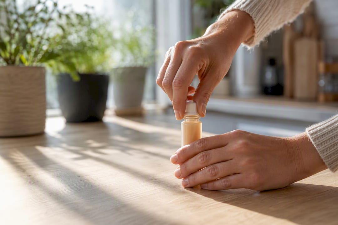Une main débouche une petite bouteille de shot liquide au collagène.