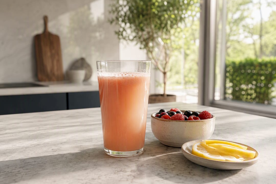 Un verre de poudre de collagène marin posé sur la table du petit-déjeuner, prêt à être dégusté pour bien commencer la journée.