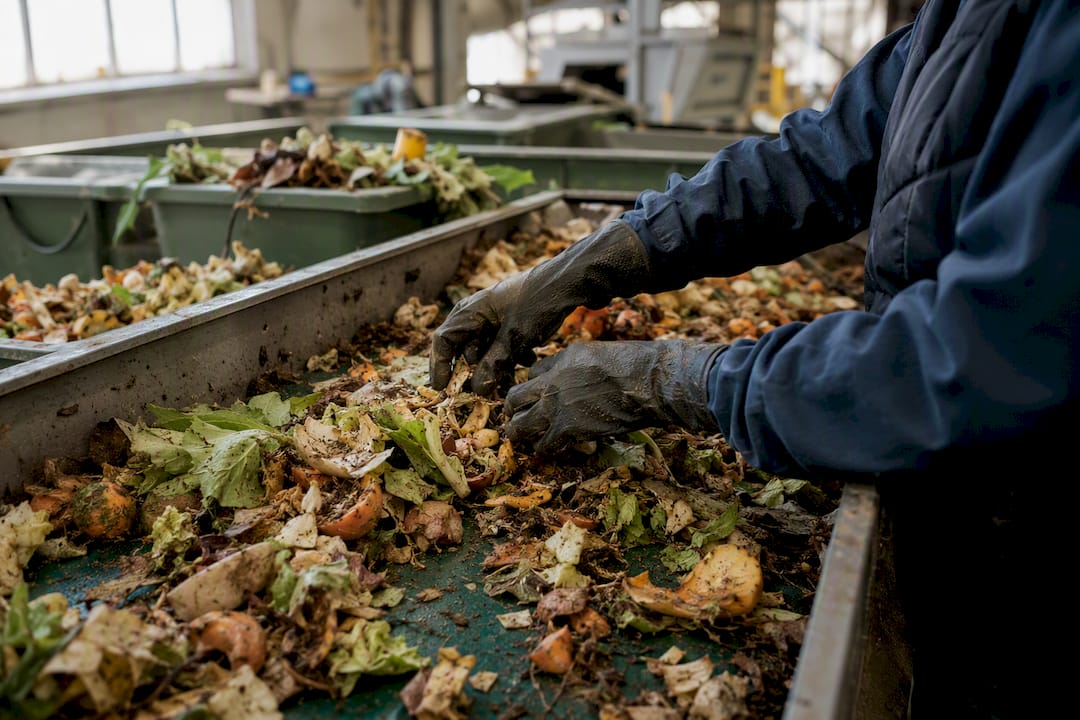 Des mains trient des déchets alimentaires sur un tapis roulant.