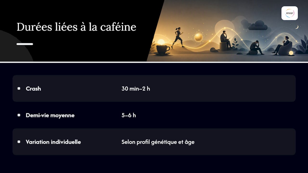 Schéma montrant la demi-vie de la caféine et la durée du coup de fatigue