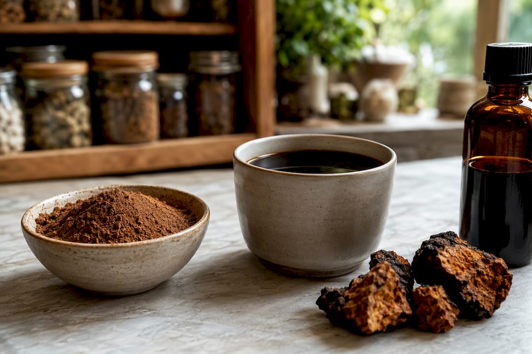 Poudre, décoction et extrait de chaga