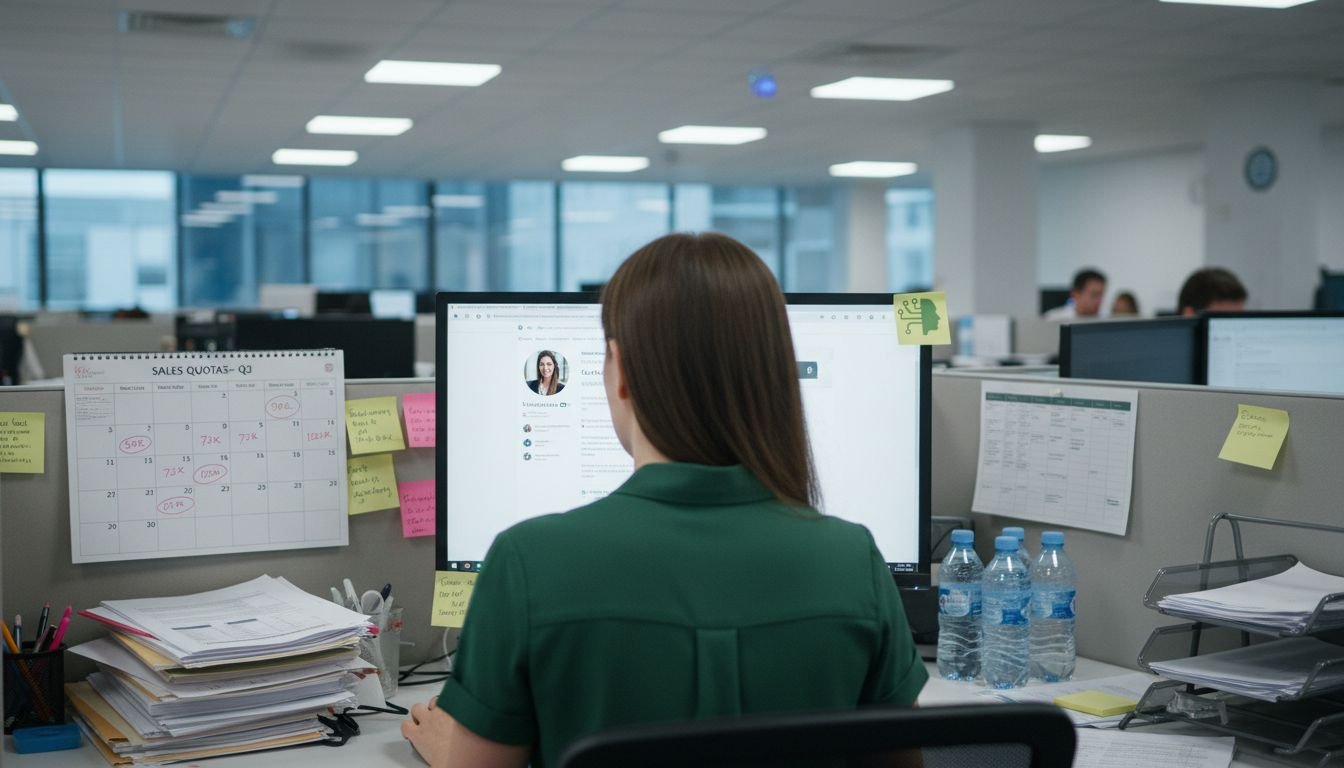 Sales rep automating research tasks at desk