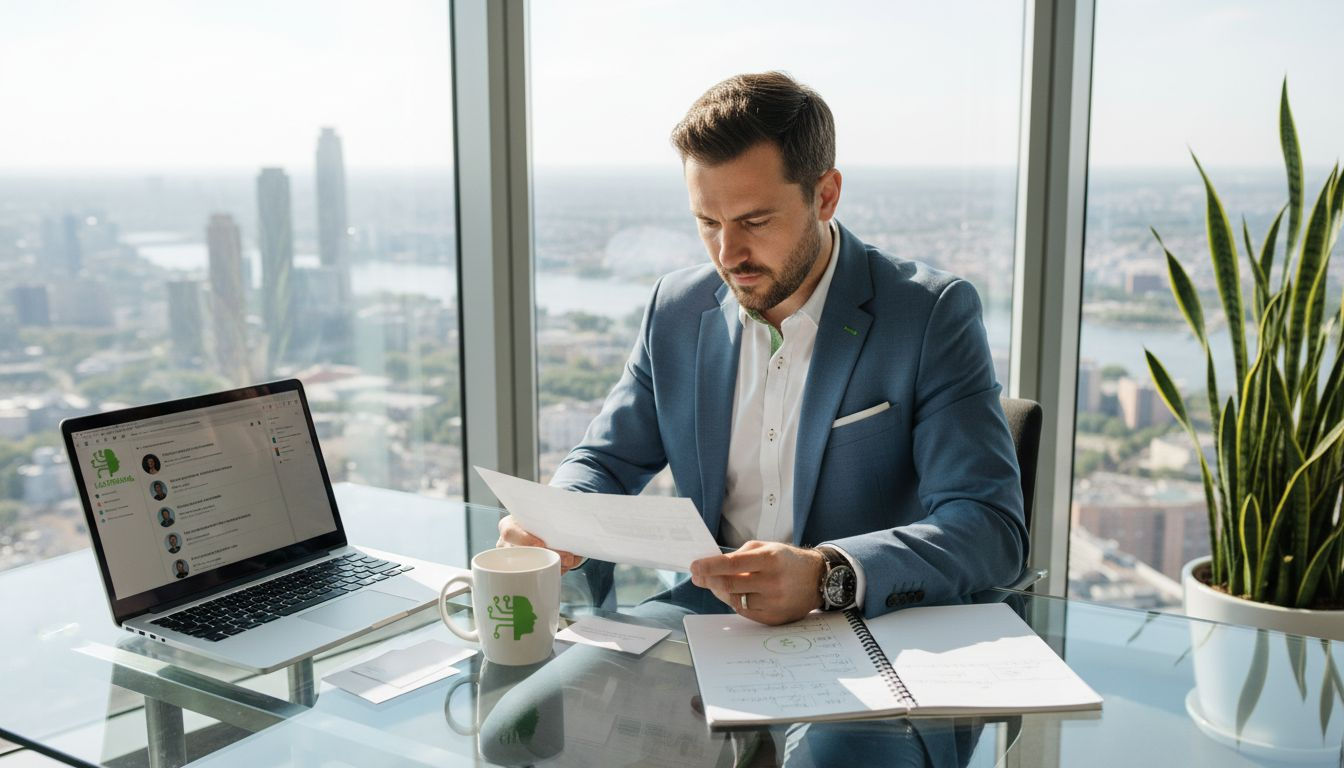 Sales director in city corner office reviewing reports