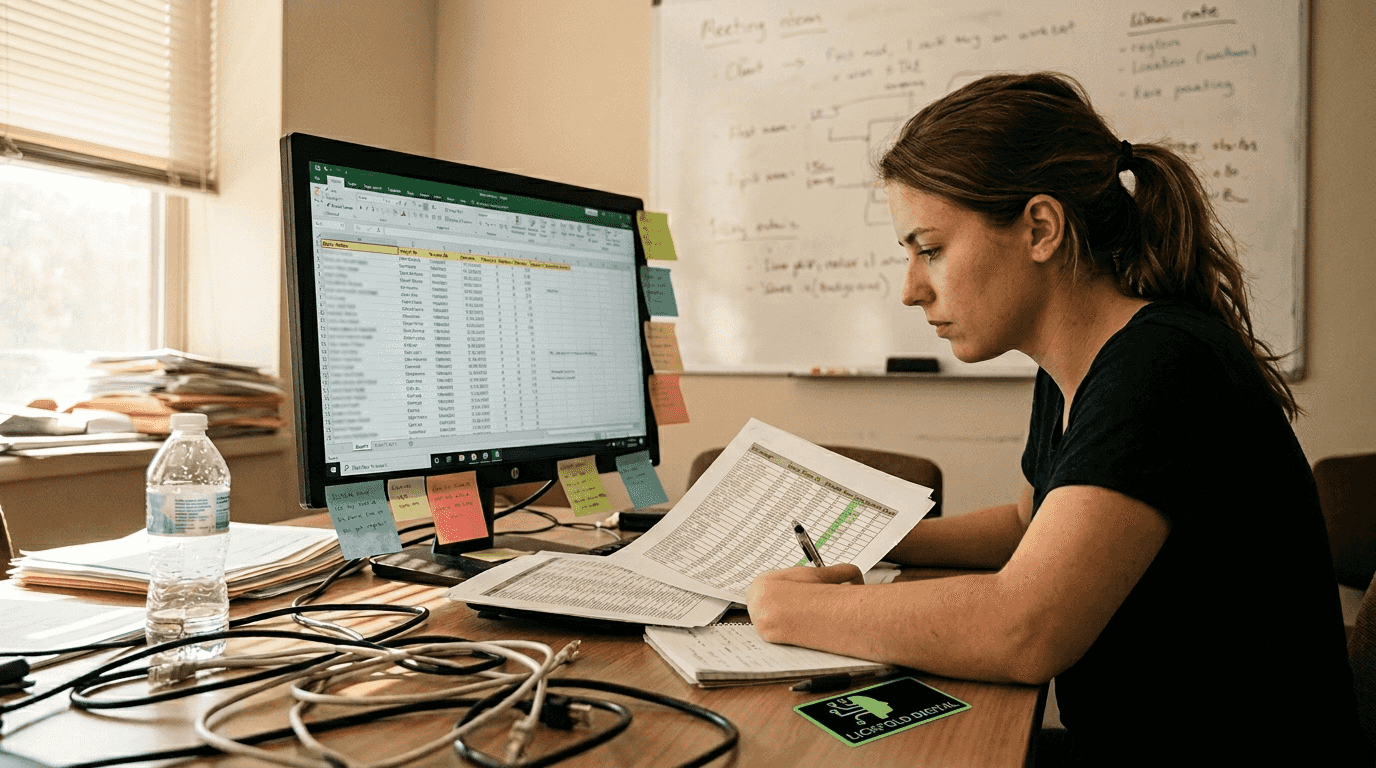 Team member analyzing CRM and data sheets