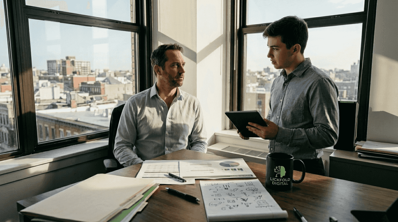 Sales managers collaborating in corner office