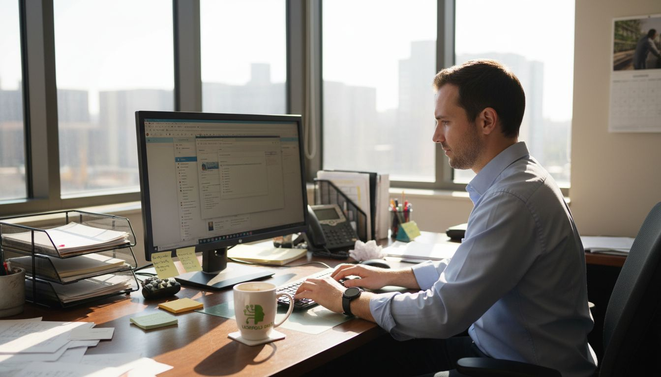Sales rep manually prospecting at cluttered desk