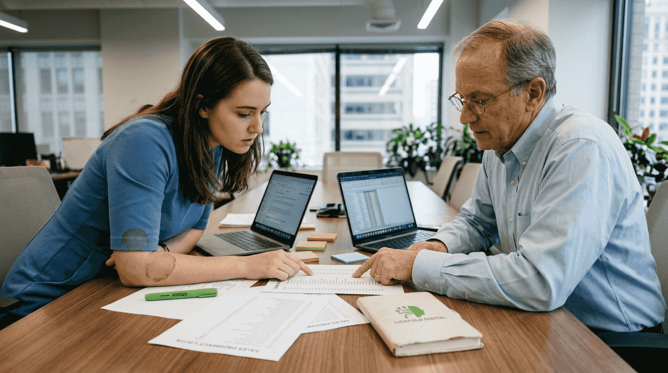 Team reviewing prospect lists at conference table