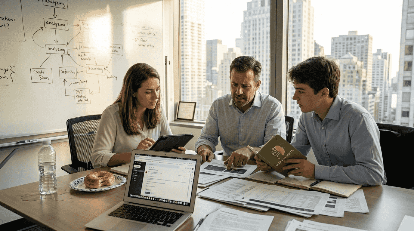 Team reviewing AI market strategy at conference table
