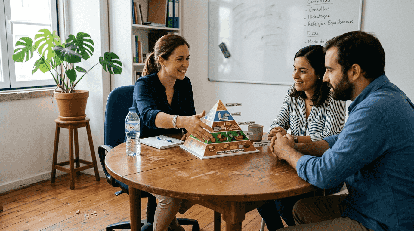 No consultório, a nutricionista explica a importância da roda dos alimentos aos seus pacientes.
