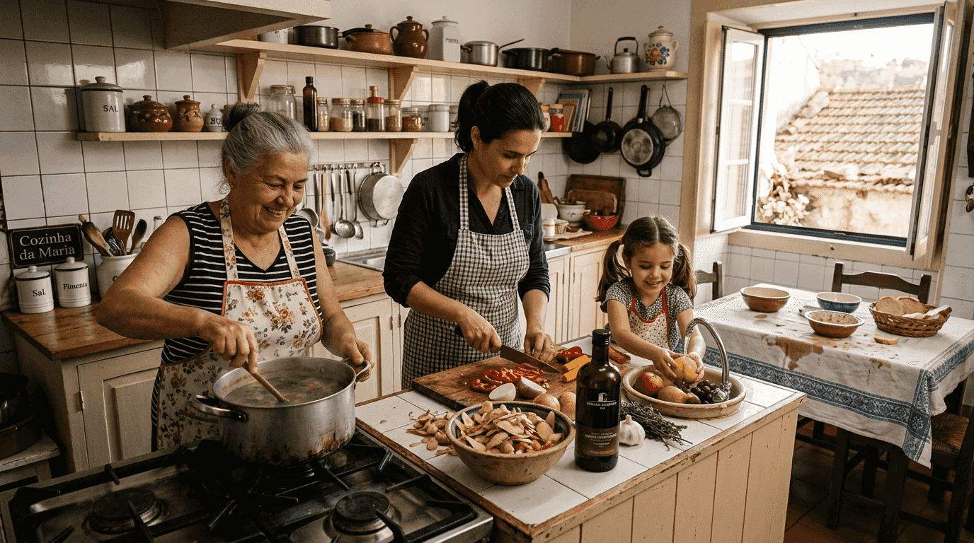 Família portuguesa a cozinhar uma refeição saudável em conjunto