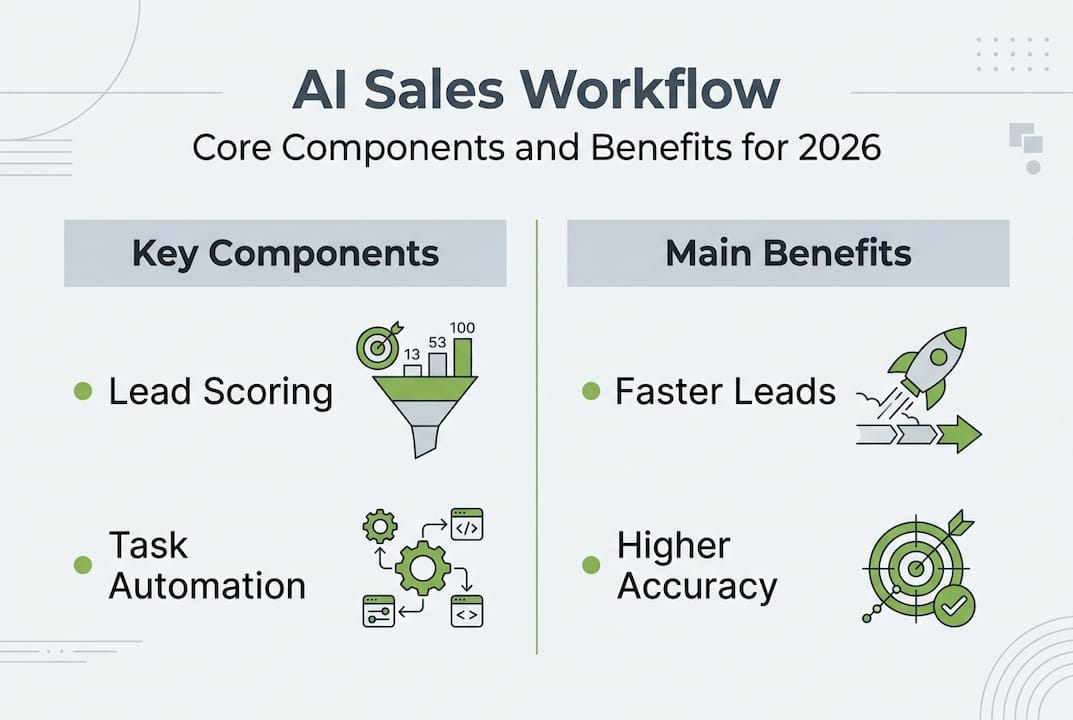 Infographic on AI sales workflow core components and benefits