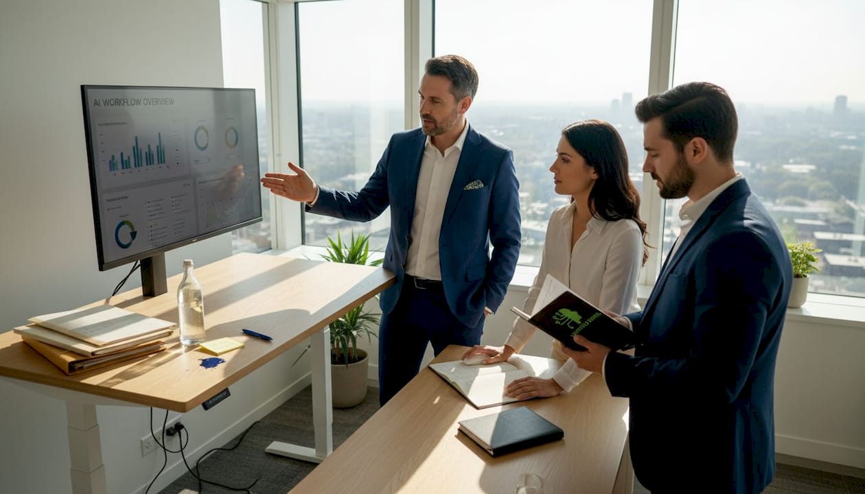 Sales team collaborating with AI dashboard
