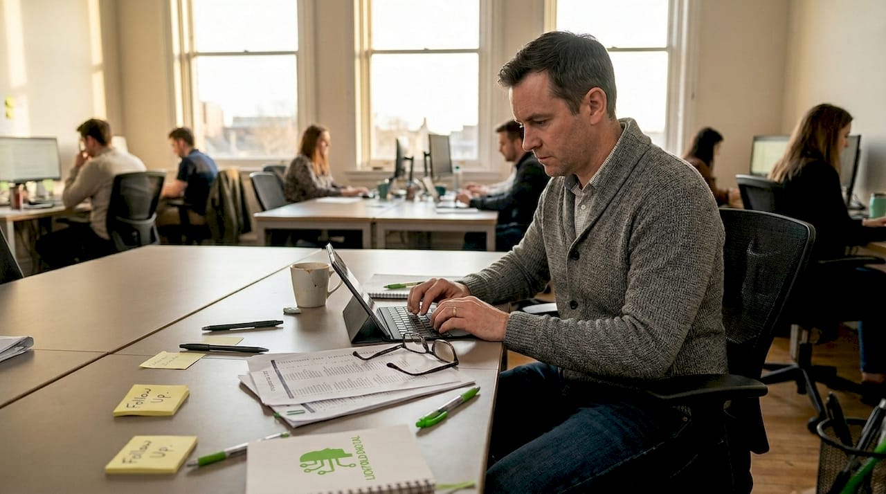 Worker creating follow-up email at shared desk