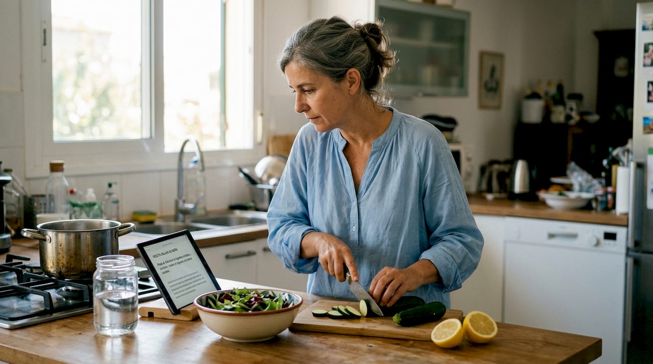 Uma mulher experiente está a cozinhar na sua cozinha, cuidando dos ingredientes com atenção.