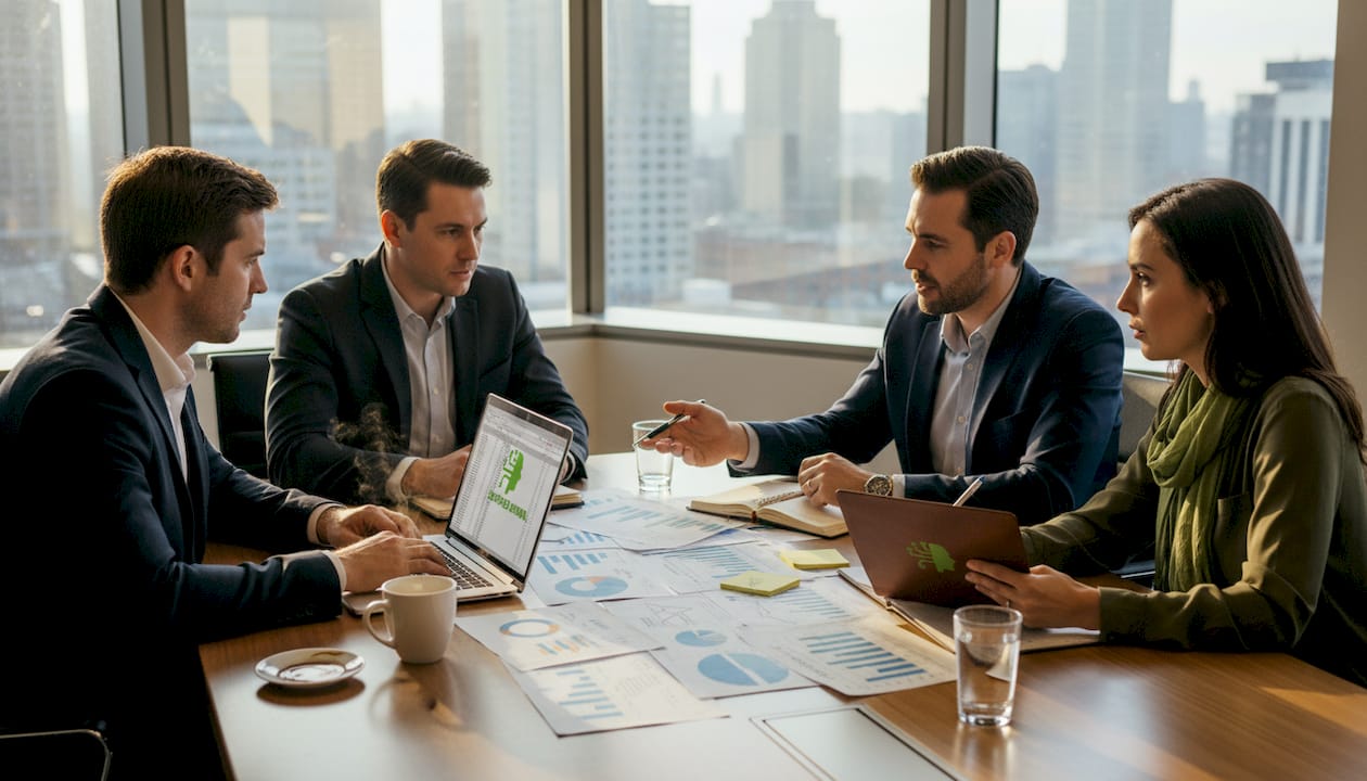 Sales team meeting in corner conference room