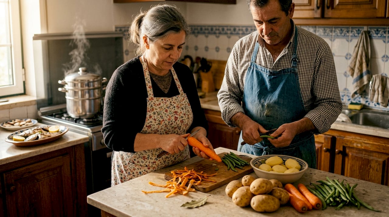 Casal dedica-se a cozinhar uma refeição saudável ao estilo mediterrânico