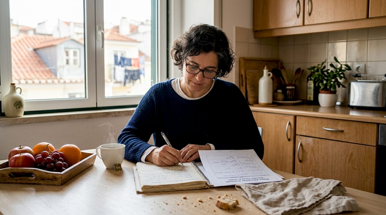 Nutricionista a preparar um plano alimentar saudável na cozinha