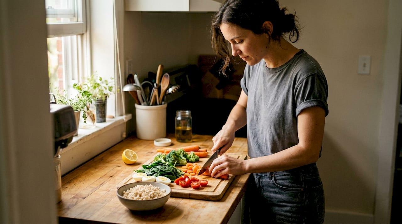 Mulher a cozinhar uma refeição saudável na sua cozinha.