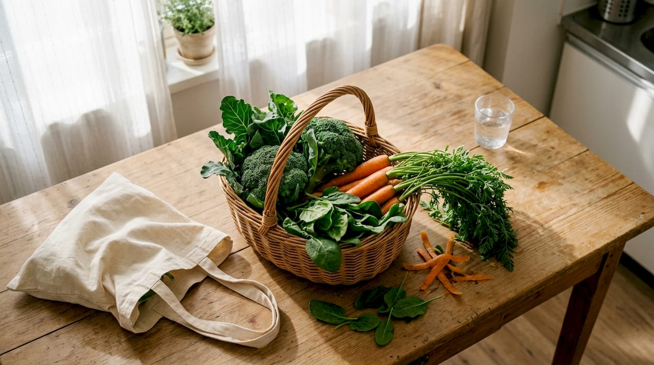 Brócolos, cenouras e espinafres frescos prontos a usar em cima da bancada da cozinha.