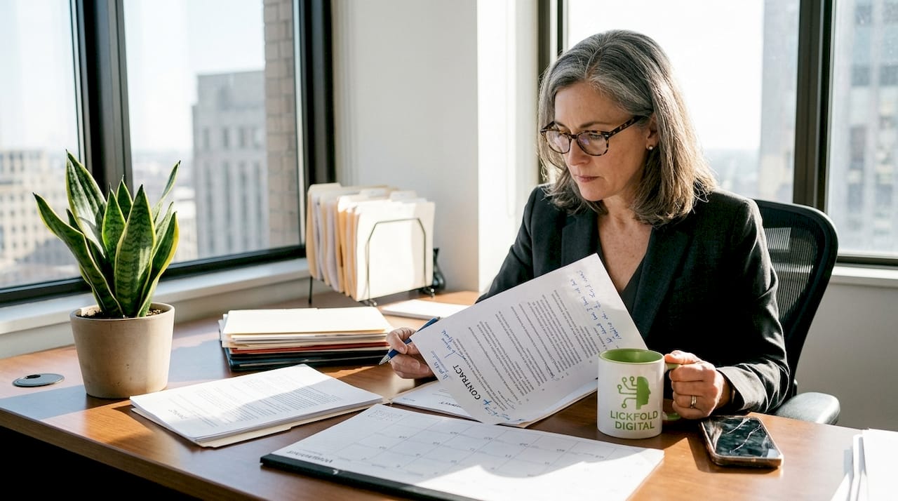 Executive reviewing contract in corner office