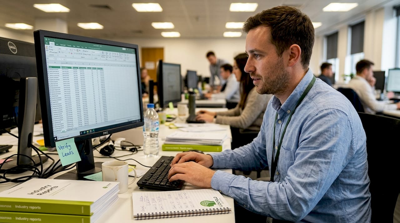 Sales analyst reviewing data research tools