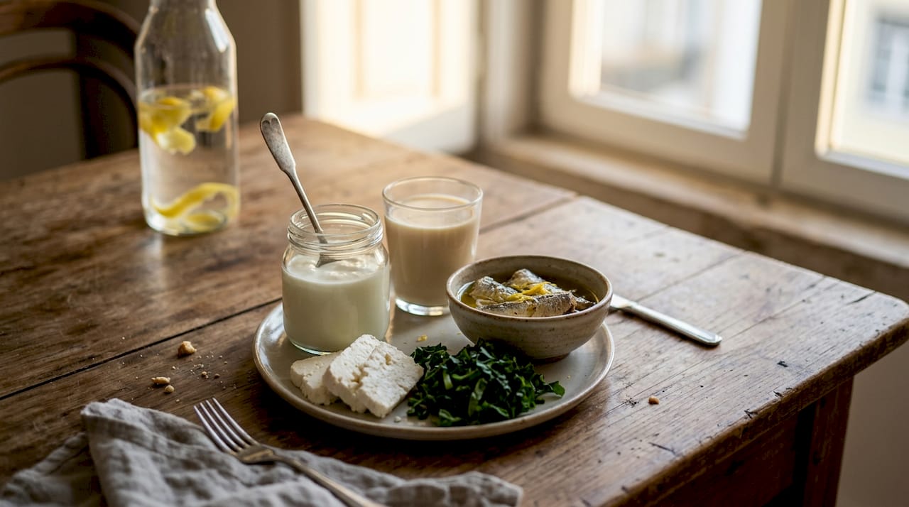 Mesa recheada de alimentos que são uma ótima fonte de cálcio e vitamina D