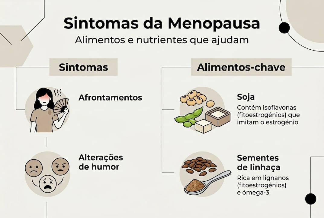Infográfico sobre alimentação na menopausa e os sintomas mais frequentes