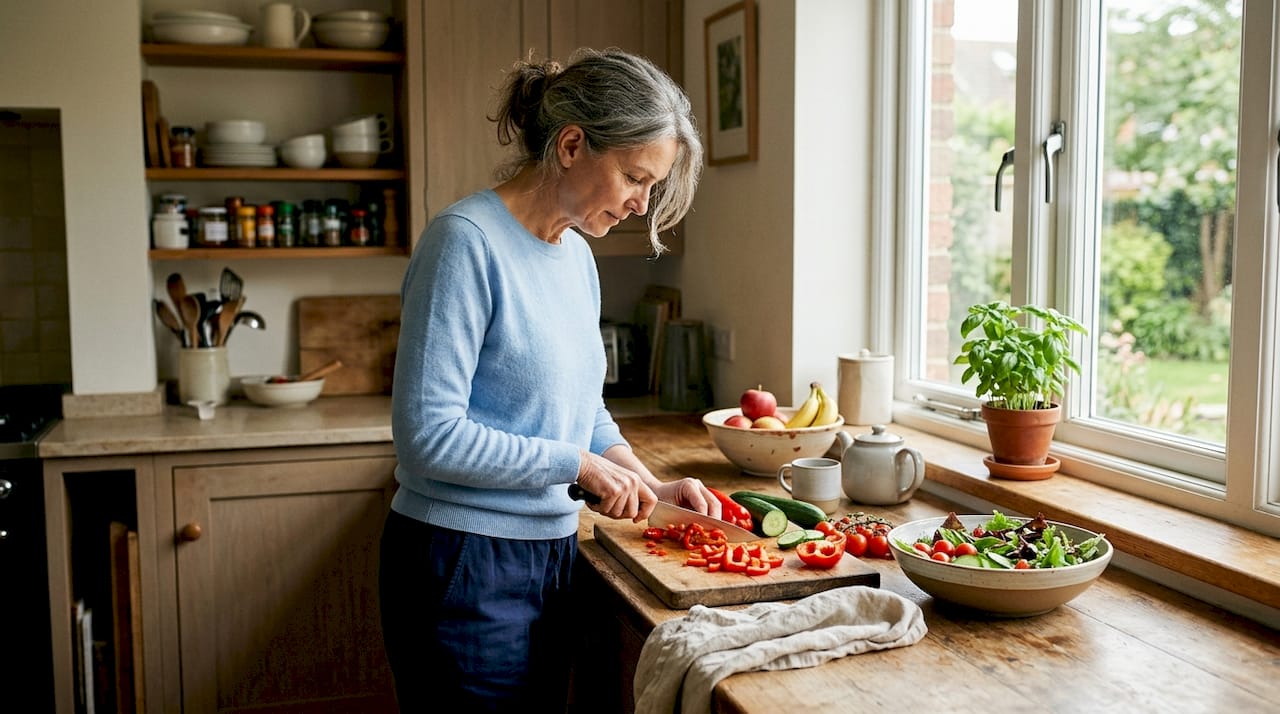 Senhora de meia-idade prepara uma salada saudável na sua cozinha