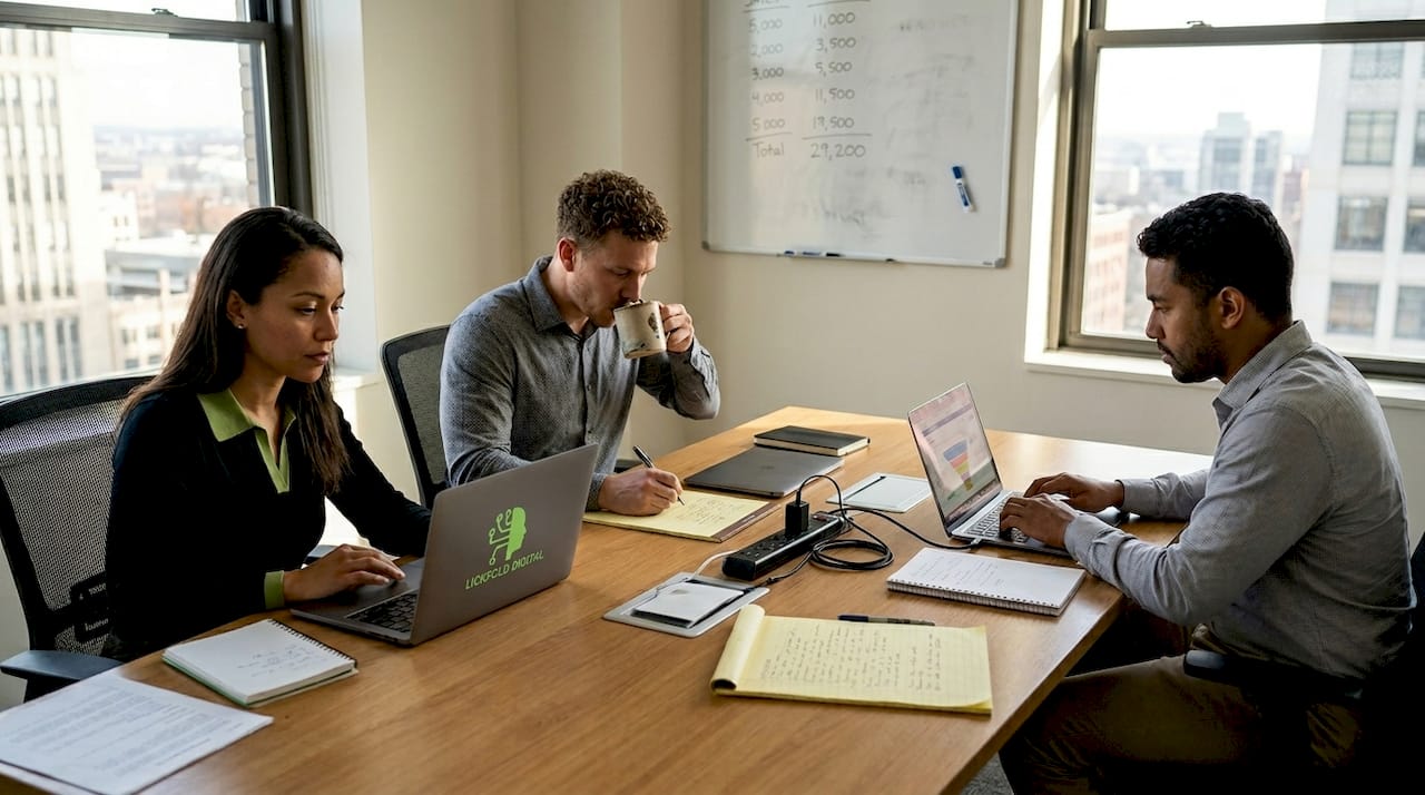 Sales team using AI tools in bright office
