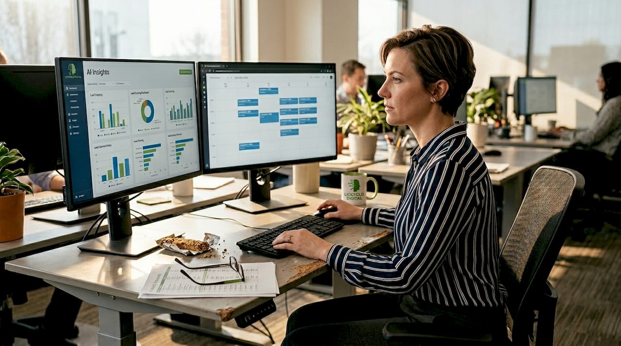 Businesswoman comparing AI-driven sales data