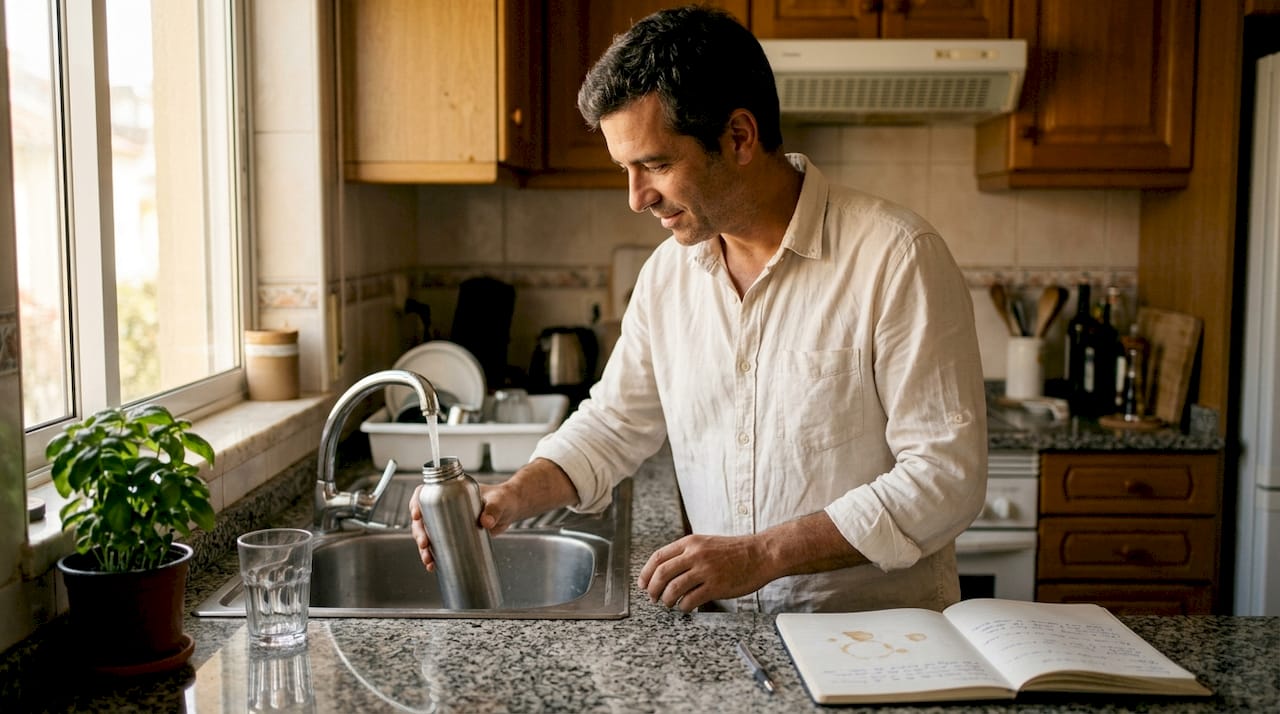 Um homem está a encher uma garrafa com água na cozinha.