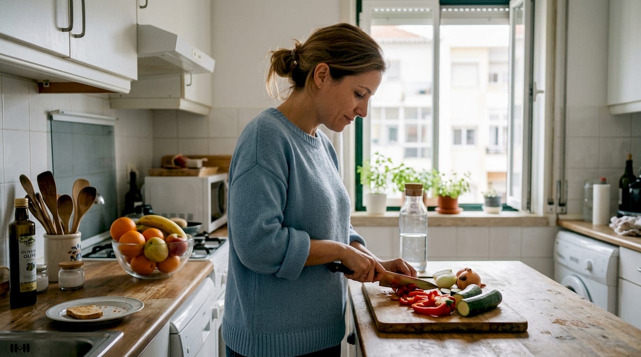 Numa cozinha partilhada, uma mulher está a cortar e preparar legumes para a refeição.