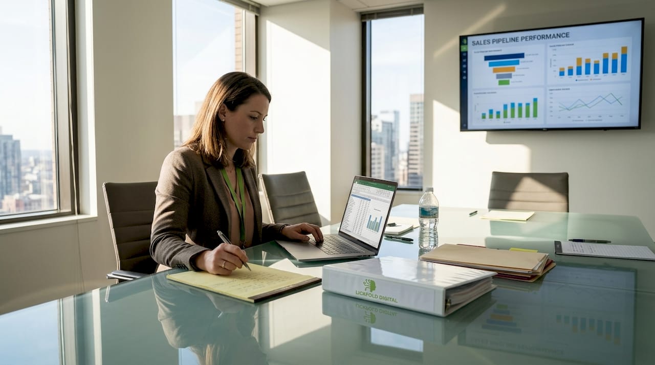 Sales manager using AI dashboard in office