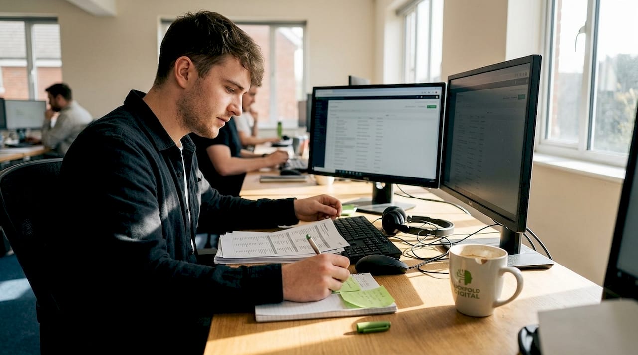 Sales worker prospecting leads in open workspace