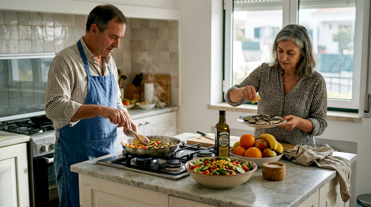 Casal a preparar uma refeição saudável inspirada na cozinha mediterrânica