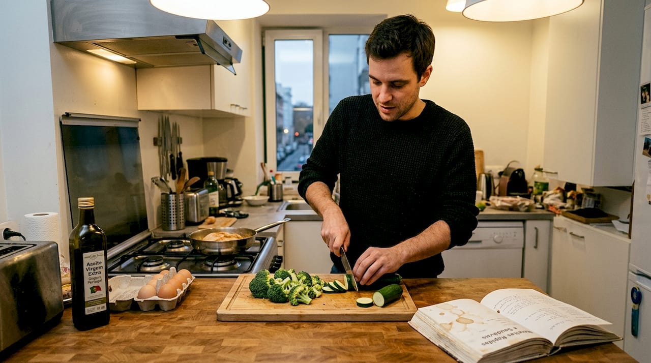 Homem a preparar legumes para um jantar leve e baixo em hidratos