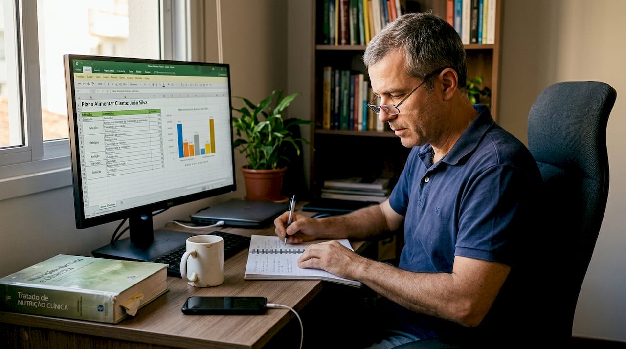 Nutricionista analisa dados no computador, a trabalhar a partir de casa.