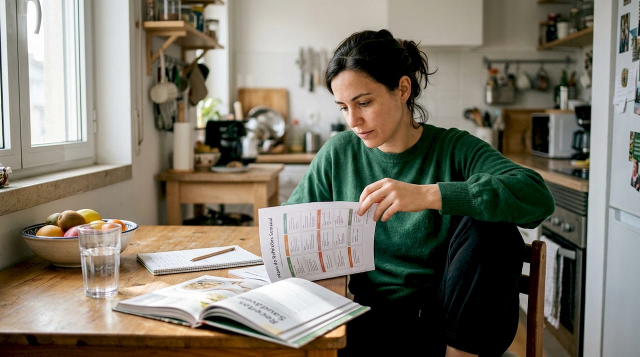 Mulher analisa o seu plano alimentar personalizado sentada à mesa da cozinha.